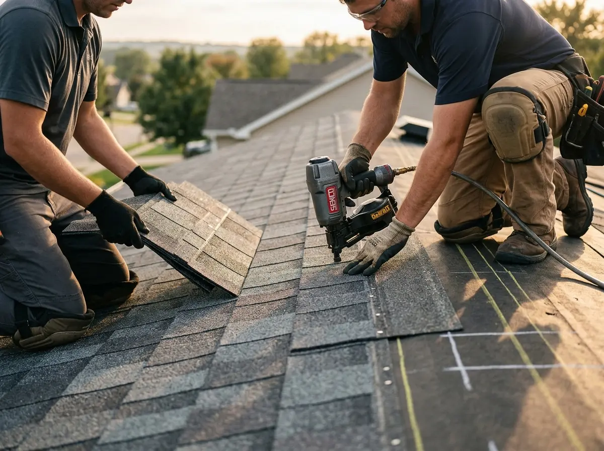Professional roofer working on a residential roof in West York